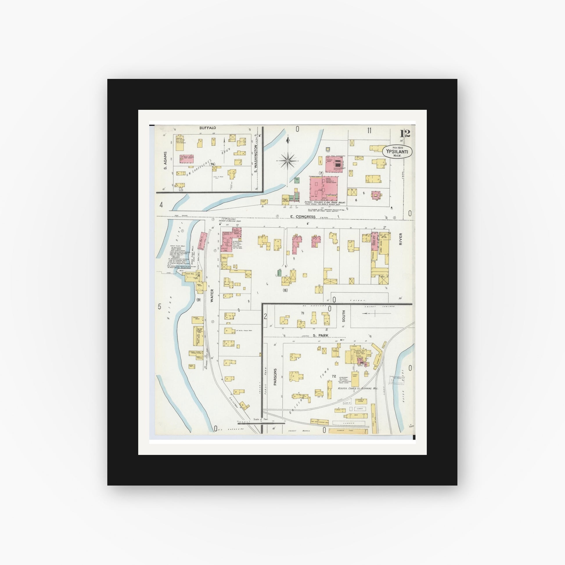 Old map wall art mockup — black gallery frame with white mat — Sanborn Fire Insurance Map from Ypsilanti, Washtenaw County, Michigan (1899), Sheet #0012