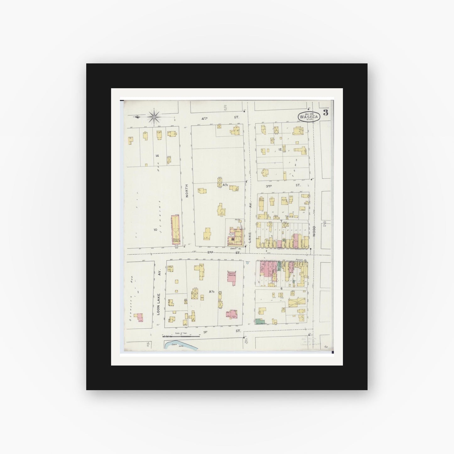 Old map wall art mockup — black gallery frame with white mat — Sanborn Fire Insurance Map from Waseca, Waseca County, Minnesota (1894), Sheet #0003