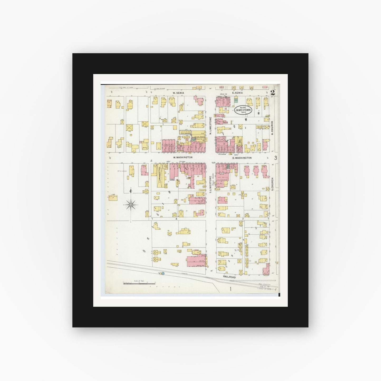 Old map wall art mockup — black gallery frame with white mat — Sanborn Fire Insurance Map from Jamestown, Greene County, Ohio (1899), Sheet #0002