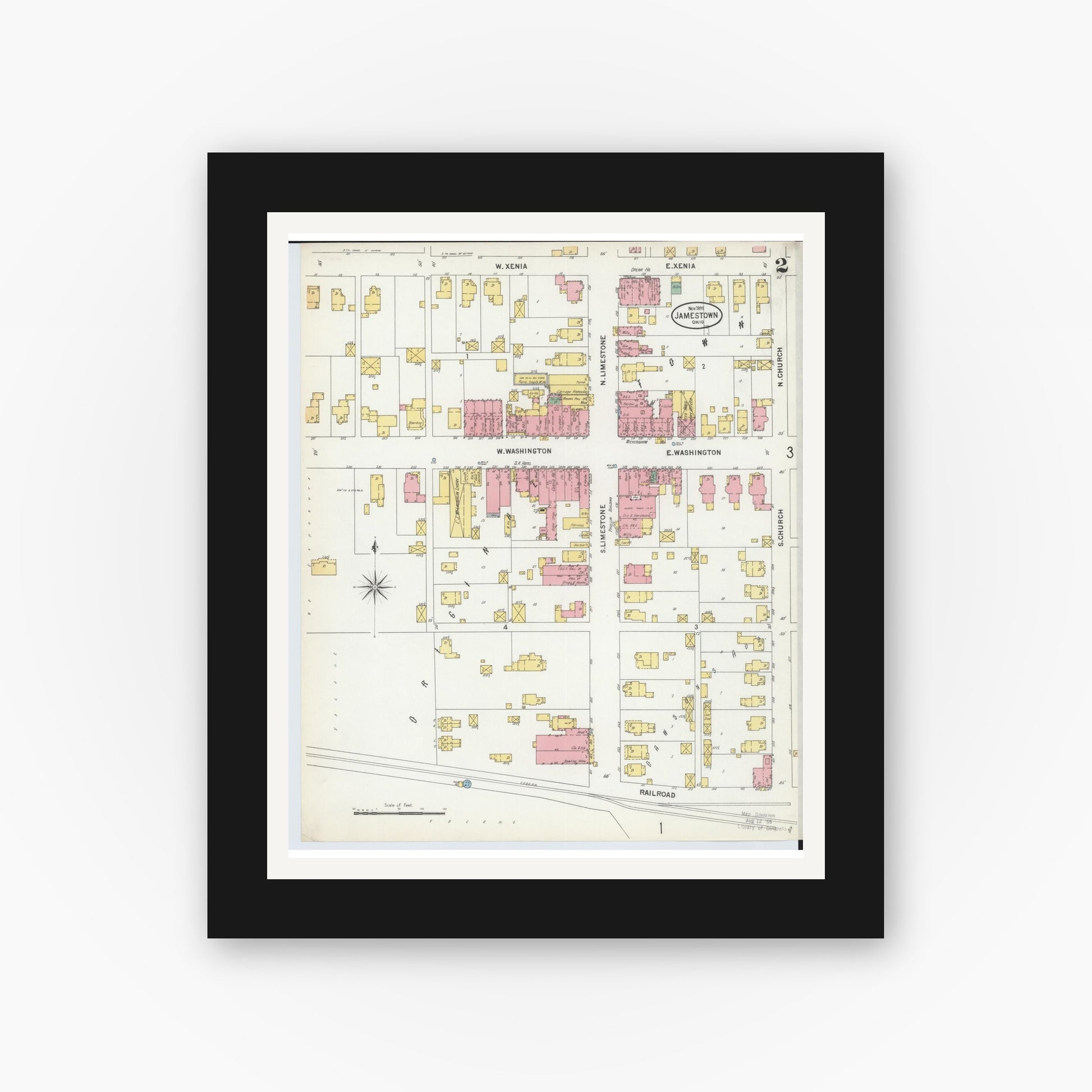 Old map wall art mockup — black gallery frame with white mat — Sanborn Fire Insurance Map from Jamestown, Greene County, Ohio (1899), Sheet #0002