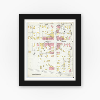 Old map wall art mockup — black gallery frame with white mat — Sanborn Fire Insurance Map from Jamestown, Greene County, Ohio (1899), Sheet #0002