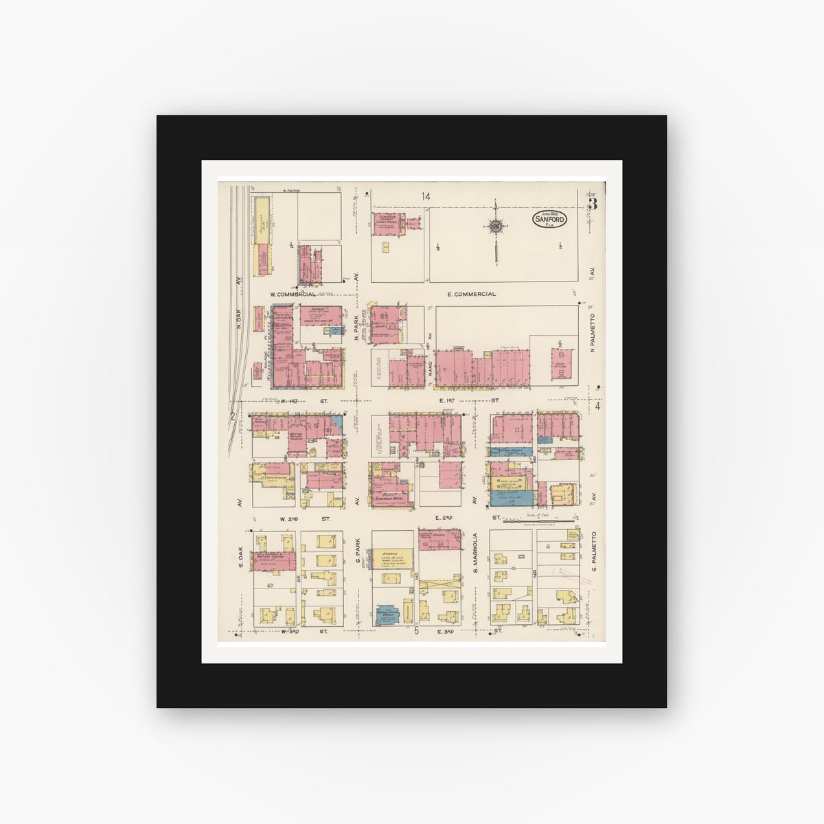 Old map wall art mockup — black gallery frame with white mat — Sanborn Fire Insurance Map from Sanford, Seminole County, Florida (1922), Sheet #0003