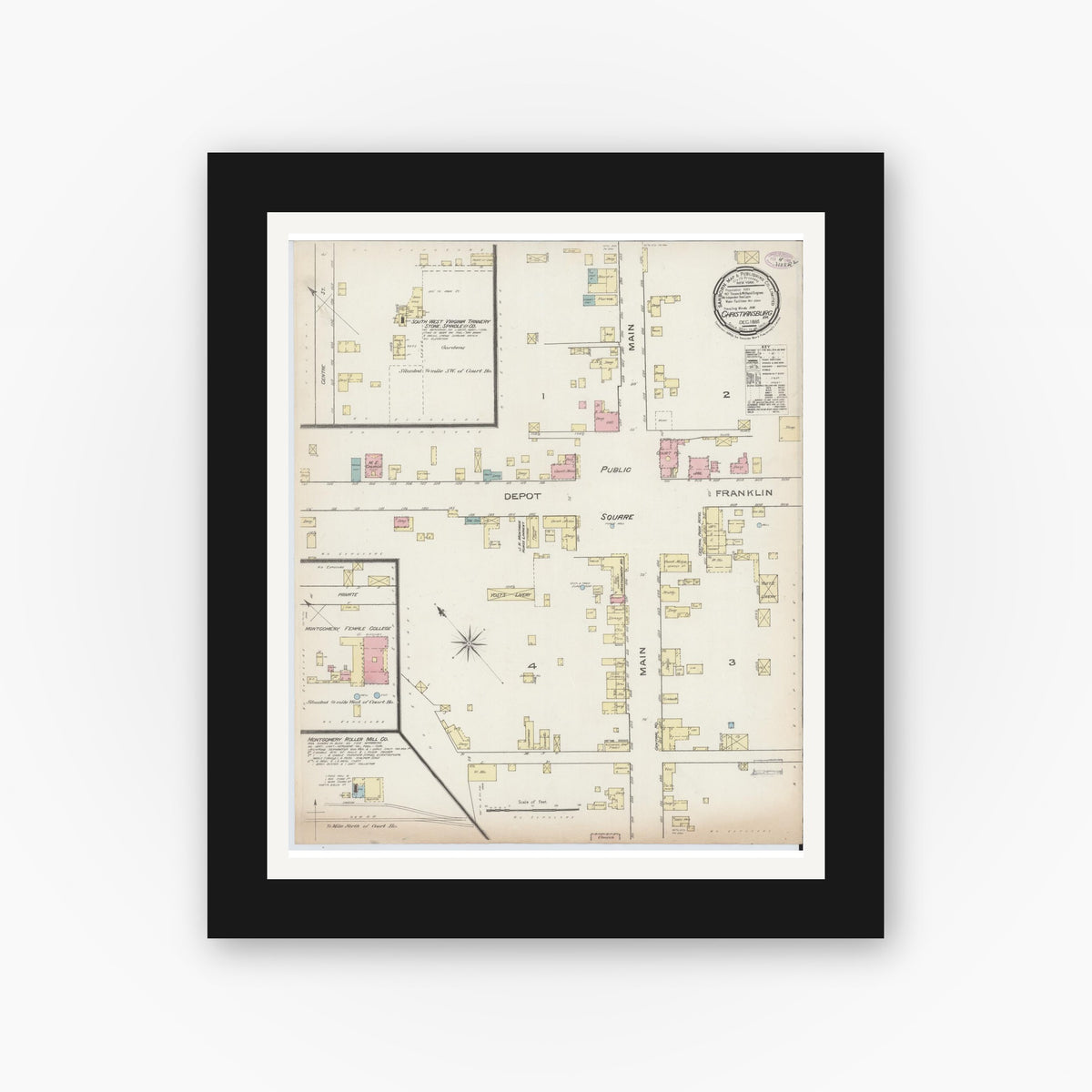 Old map wall art mockup — black gallery frame with white mat — Sanborn Fire Insurance Map from Christiansburg, Montgomery County, Virginia (1885), Sheet #0001