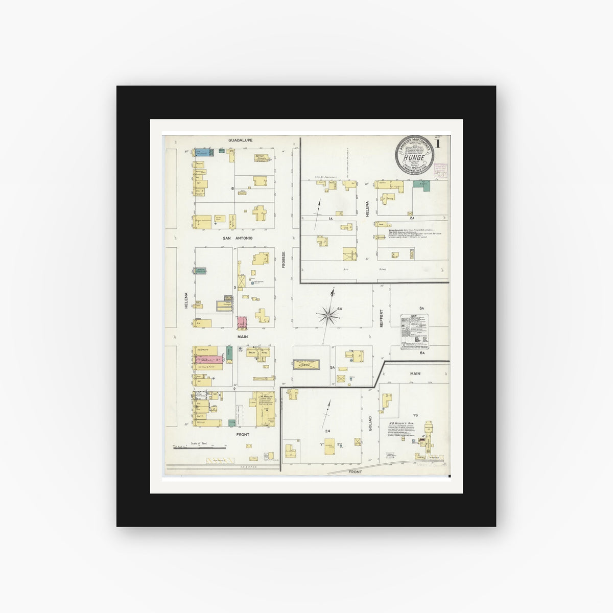 Old map wall art mockup — black gallery frame with white mat — Sanborn Fire Insurance Map from Runge, Karnes County, Texas (1907), Sheet #0001