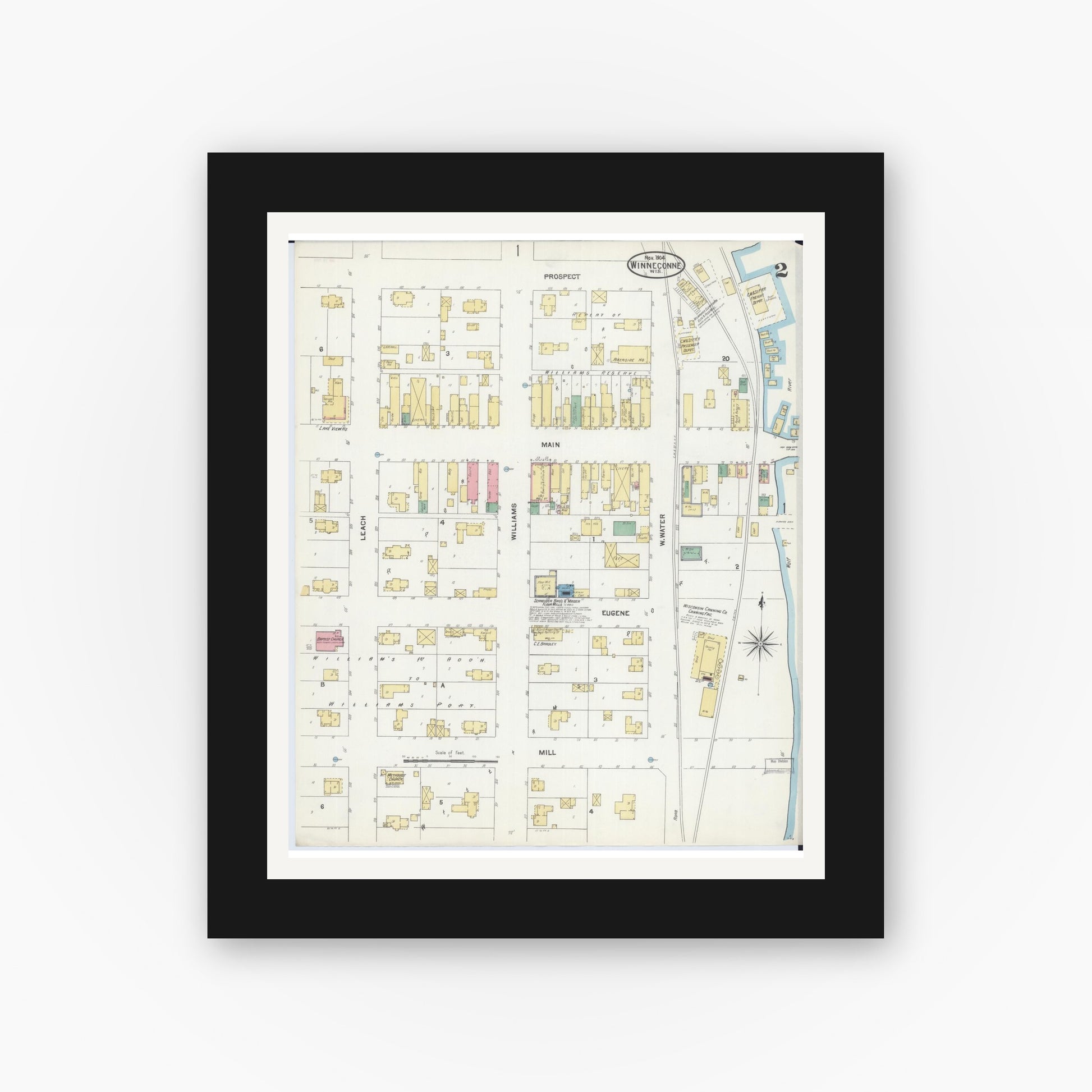 Old map wall art mockup — black gallery frame with white mat — Sanborn Fire Insurance Map from Winneconne, Winnebago County, Wisconsin (1904), Sheet #0002