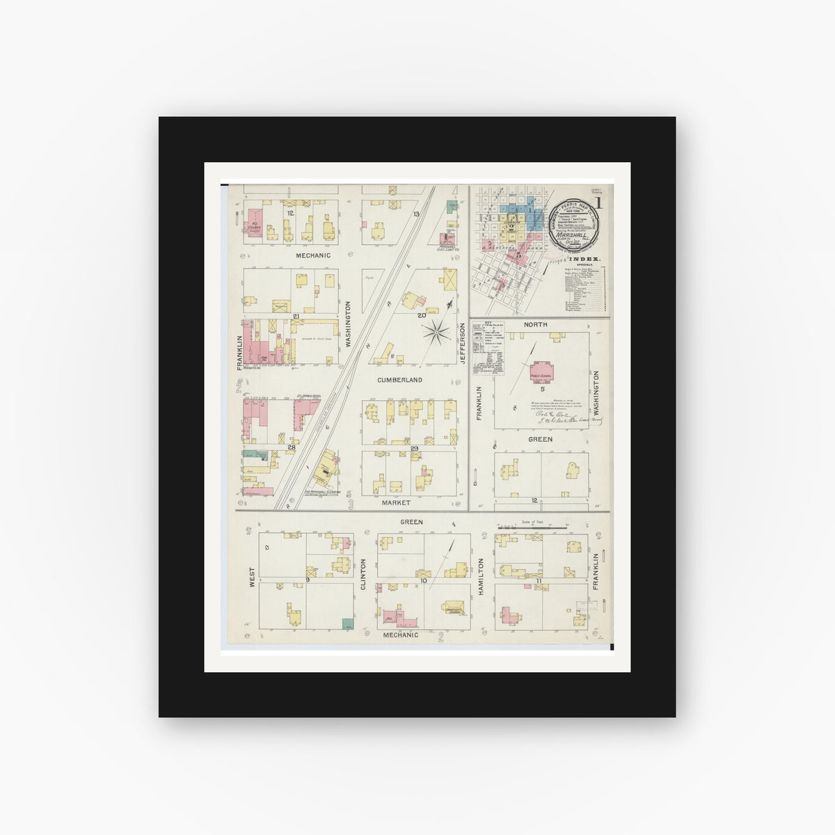 Old map wall art mockup — black gallery frame with white mat — Sanborn Fire Insurance Map from Marshall, Clark County, Illinois (1892) - Complete Map Set