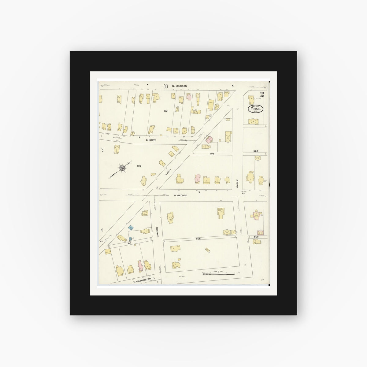 Old map wall art mockup — black gallery frame with white mat — Sanborn Fire Insurance Map from Rome, Oneida County, New York (1909), Sheet #0002