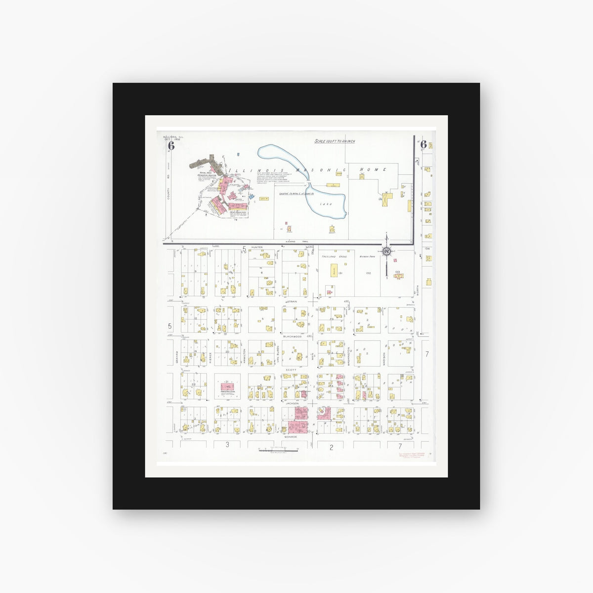 Old map wall art mockup — black gallery frame with white mat — Sanborn Fire Insurance Map from Sullivan, Moultrie County, Illinois (1932), Sheet #0006