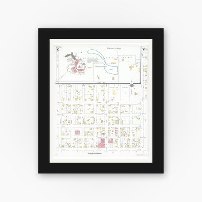 Old map wall art mockup — black gallery frame with white mat — Sanborn Fire Insurance Map from Sullivan, Moultrie County, Illinois (1932), Sheet #0006