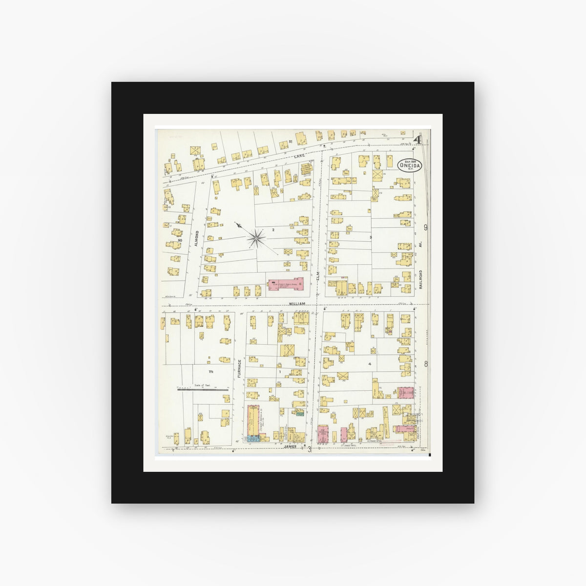 Old map wall art mockup — black gallery frame with white mat — Sanborn Fire Insurance Map from Oneida, Madison County, New York (1904), Sheet #0003