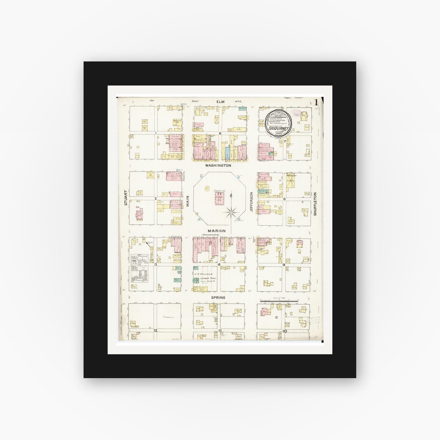 Old map wall art mockup — black gallery frame with white mat — Sanborn Fire Insurance Map from Sigourney, Kiokuk County, Iowa (1888), Sheet #0001