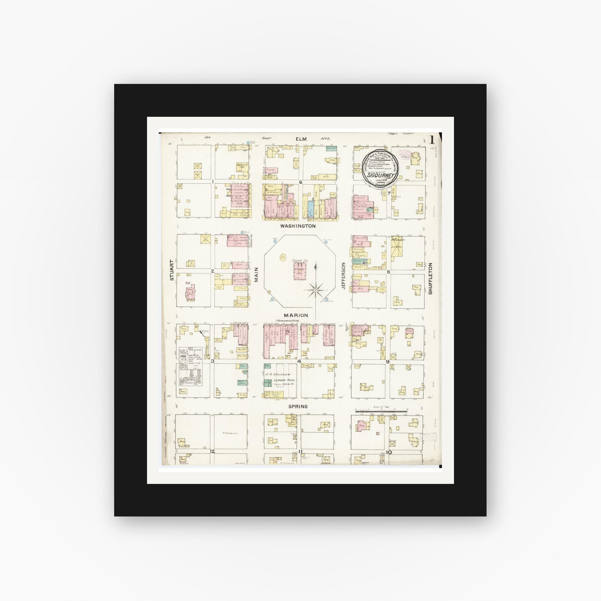 Old map wall art mockup — black gallery frame with white mat — Sanborn Fire Insurance Map from Sigourney, Kiokuk County, Iowa (1888), Sheet #0001