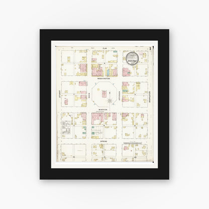 Old map wall art mockup — black gallery frame with white mat — Sanborn Fire Insurance Map from Sigourney, Kiokuk County, Iowa (1888), Sheet #0001