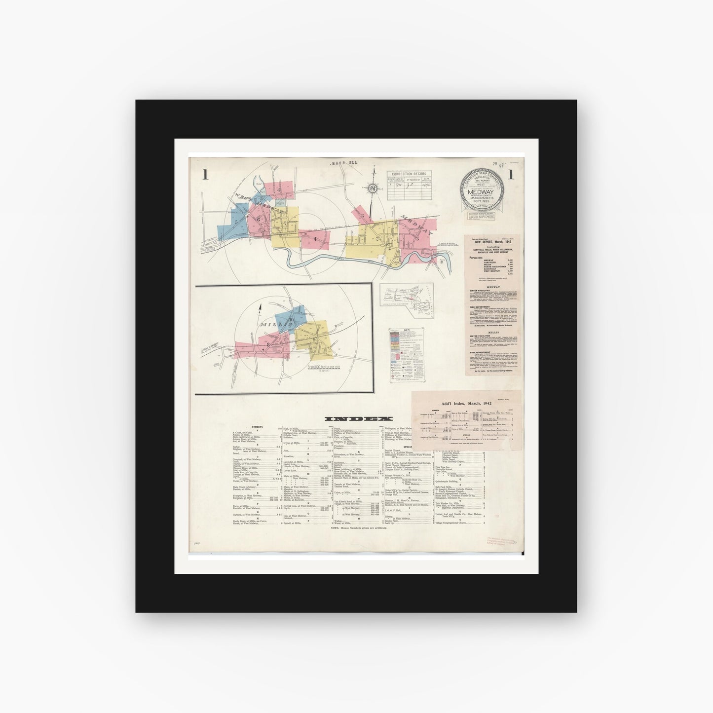 Old map wall art mockup — black gallery frame with white mat — Sanborn Fire Insurance Map from Medway, Norfolk County, Massachusetts (1942), Sheet #0001