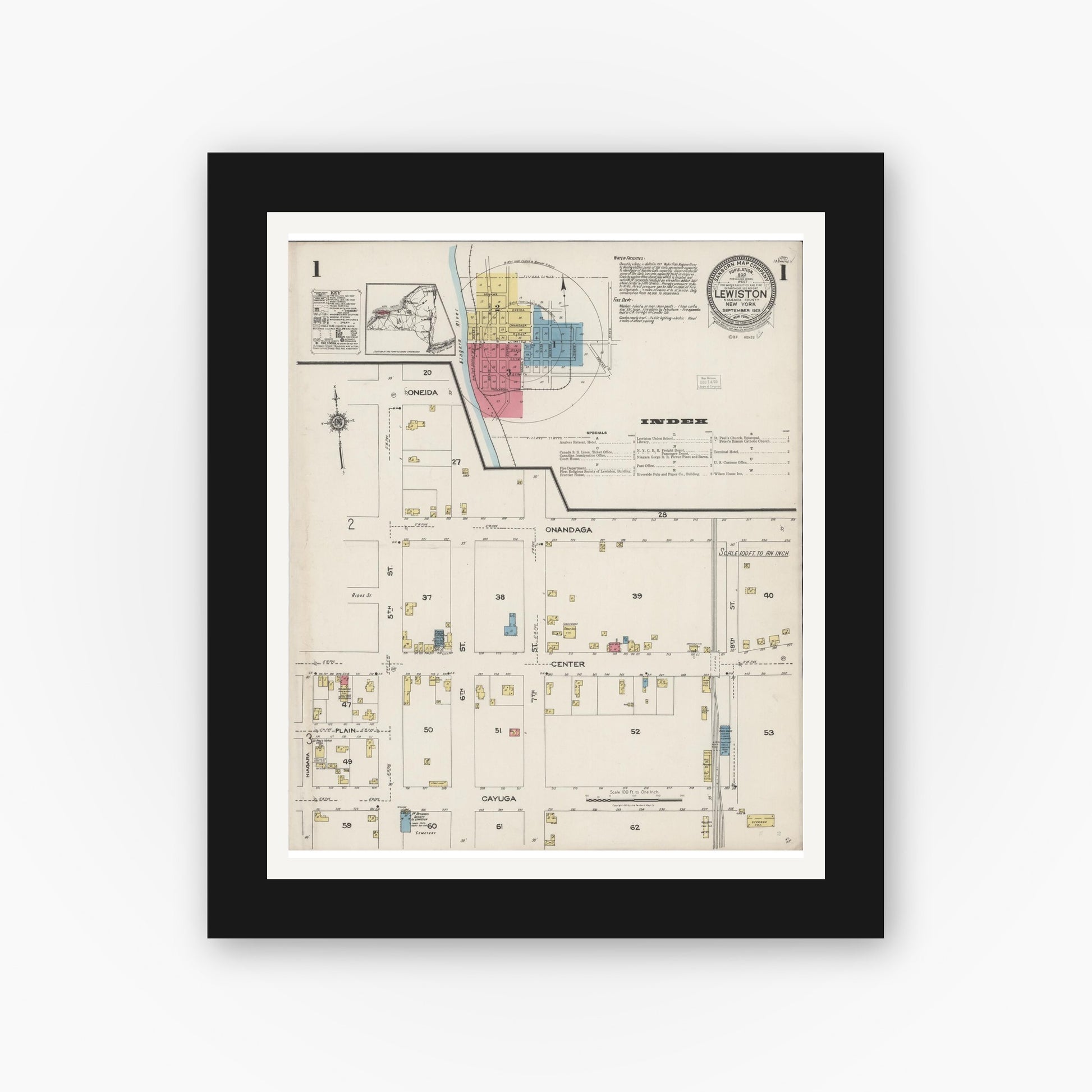 Old map wall art mockup — black gallery frame with white mat — Sanborn Fire Insurance Map from Lewiston, Niagara County, New York (1923), Sheet #0001
