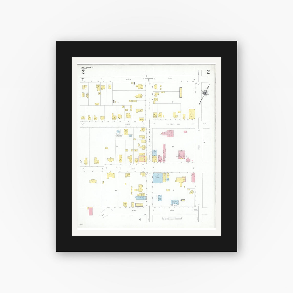 Old map wall art mockup — black gallery frame with white mat — Sanborn Fire Insurance Map from Tappahannock, Essex County, Virginia (1949), Sheet #0002