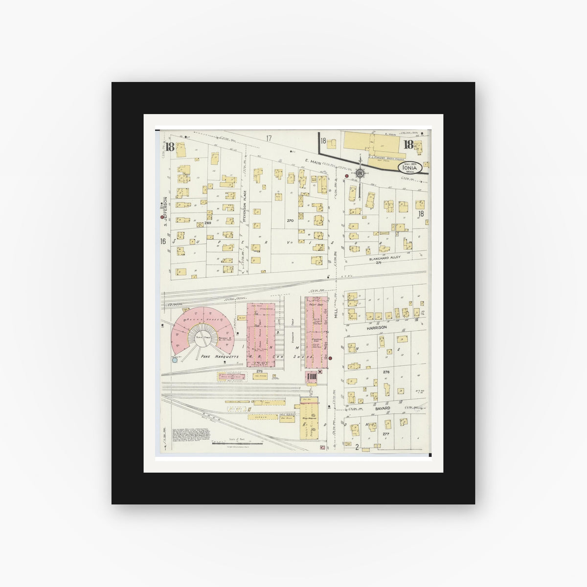 Old map wall art mockup — black gallery frame with white mat — Sanborn Fire Insurance Map from Ionia, Ionia County, Michigan (1924), Sheet #0018