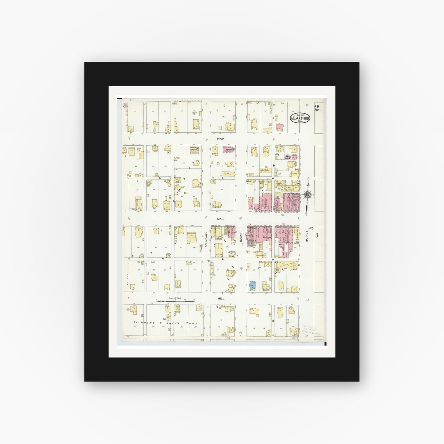 Old map wall art mockup — black gallery frame with white mat — Sanborn Fire Insurance Map from McArthur, Vinton County, Ohio (1911), Sheet #0002