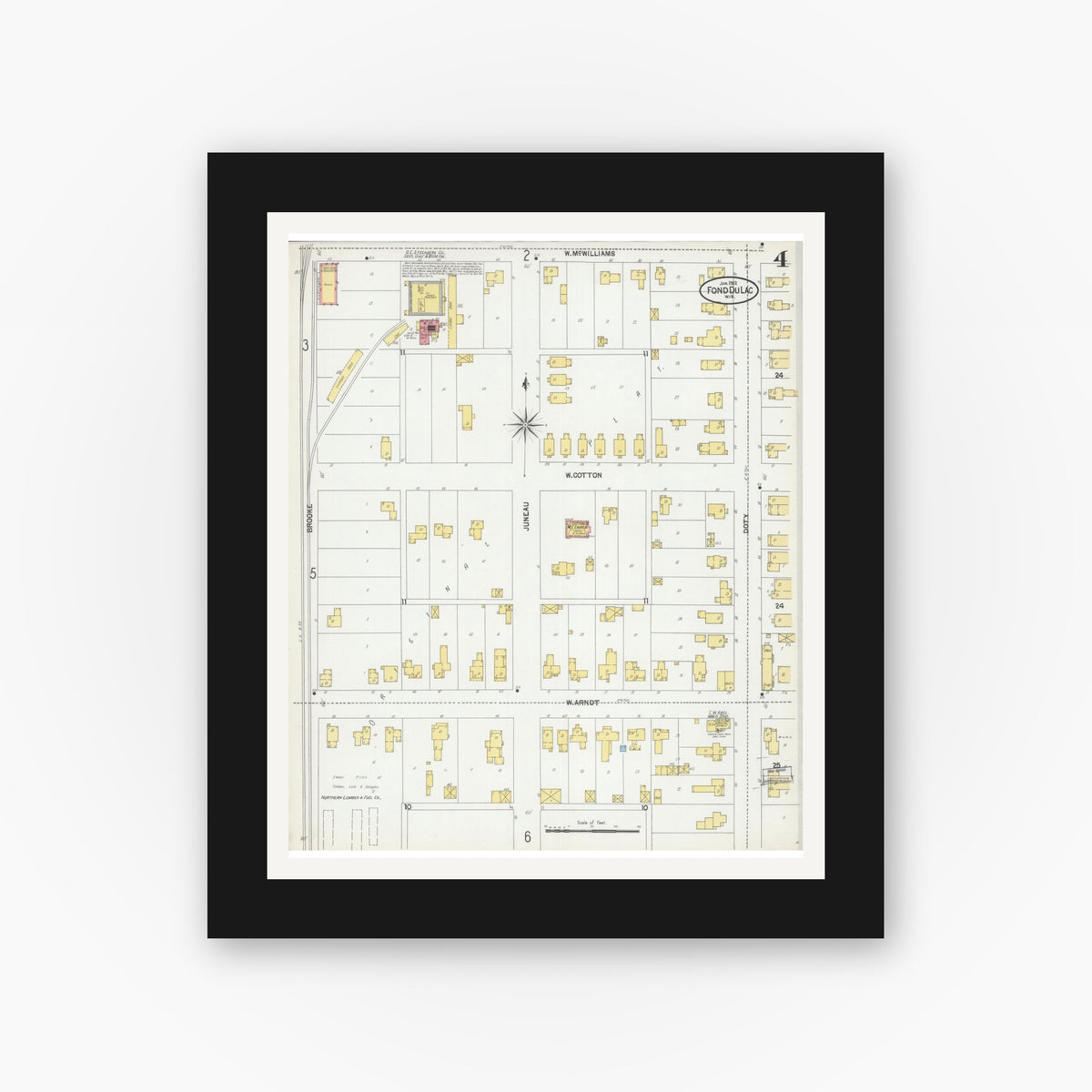 Old map wall art mockup — black gallery frame with white mat — Sanborn Fire Insurance Map from Fond du Lac, Fond du Lac County, Wisconsin (1902), Sheet #0004