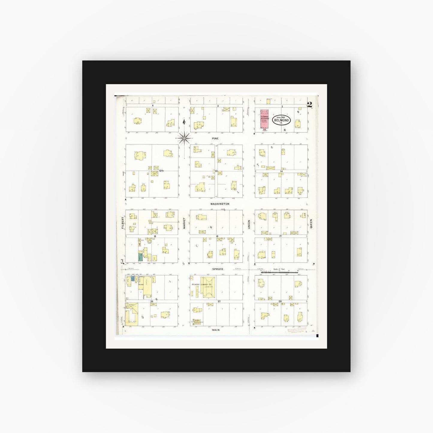 Old map wall art mockup — black gallery frame with white mat — Sanborn Fire Insurance Map from Belmond, Wright County, Iowa (1909), Sheet #0002