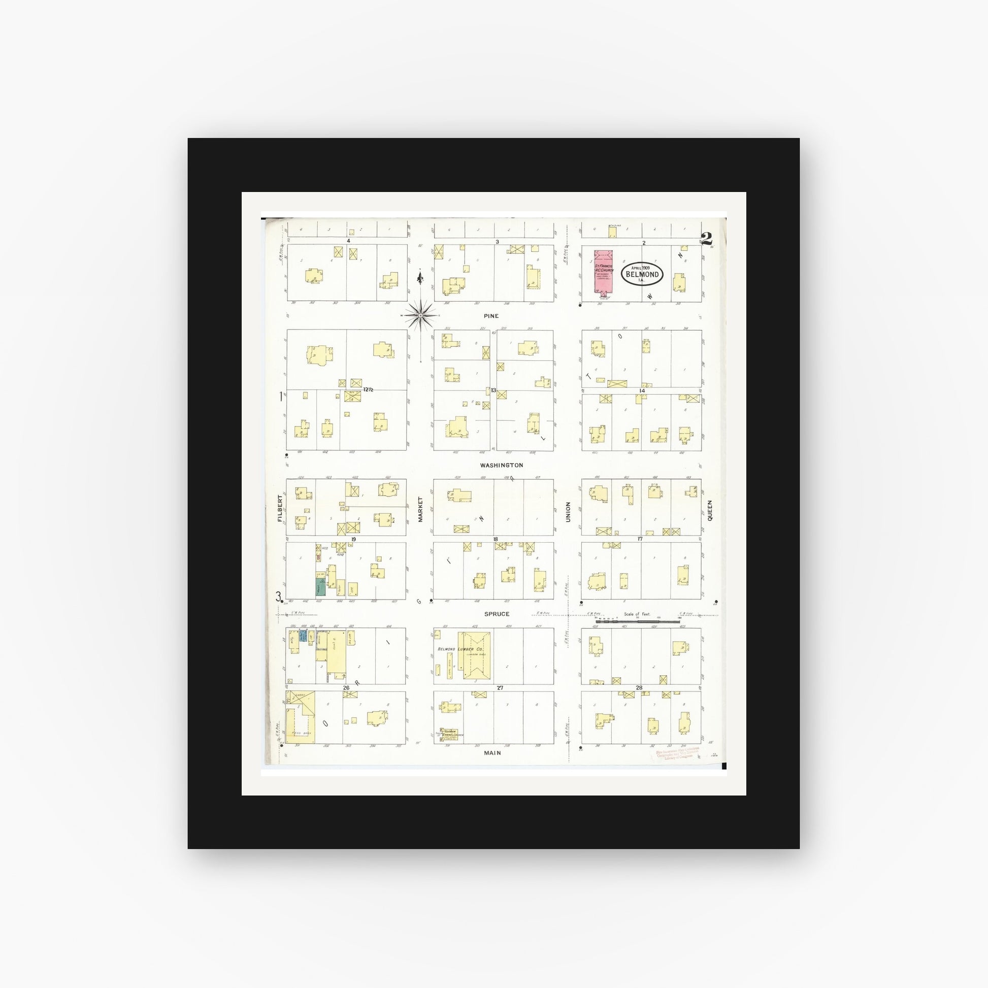 Old map wall art mockup — black gallery frame with white mat — Sanborn Fire Insurance Map from Belmond, Wright County, Iowa (1909), Sheet #0002