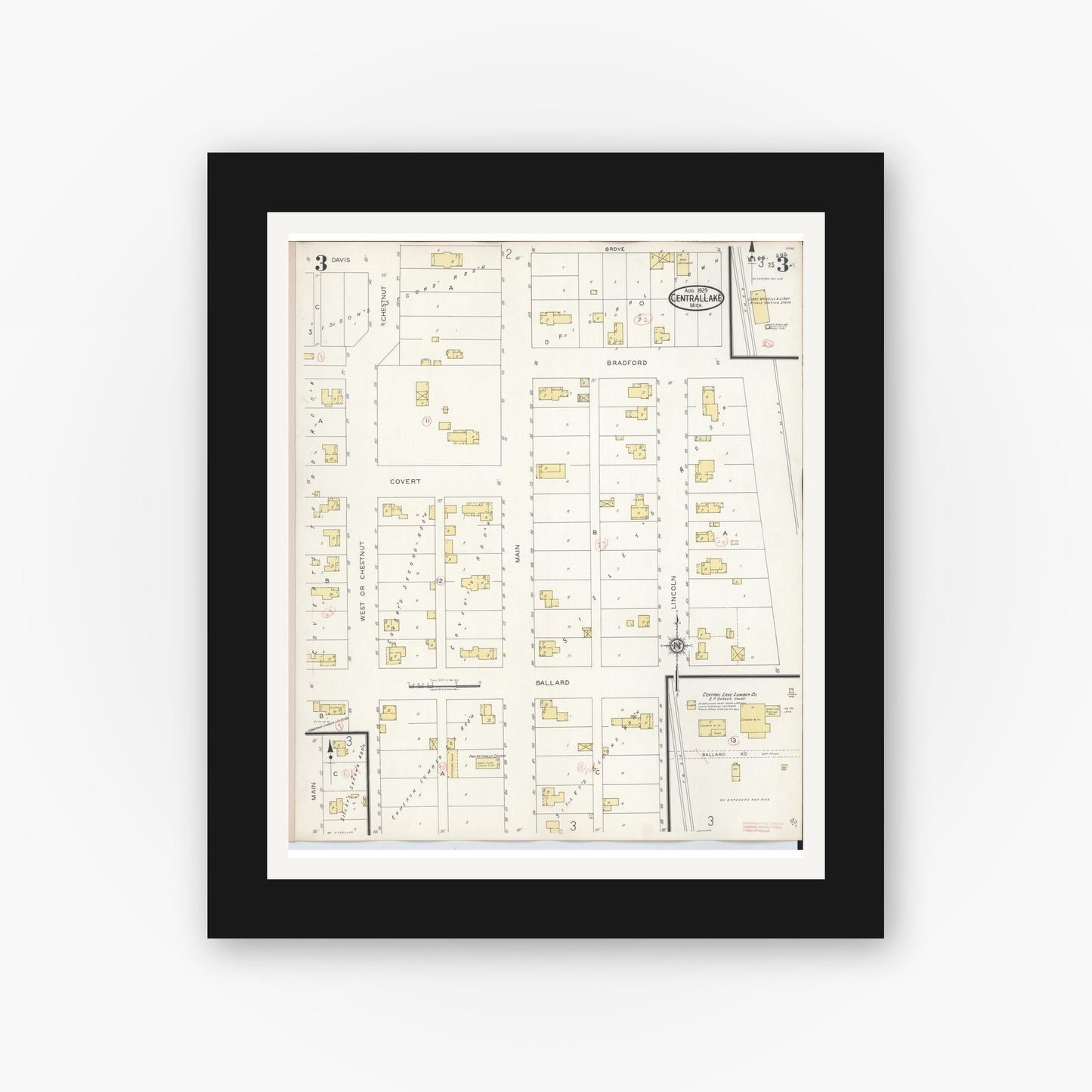 Old map wall art mockup — black gallery frame with white mat — Sanborn Fire Insurance Map from Central Lake, Antrim County, Michigan (1929), Sheet #0003
