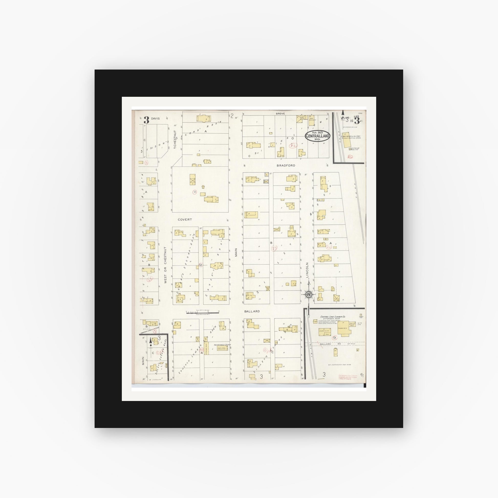 Old map wall art mockup — black gallery frame with white mat — Sanborn Fire Insurance Map from Central Lake, Antrim County, Michigan (1929), Sheet #0003