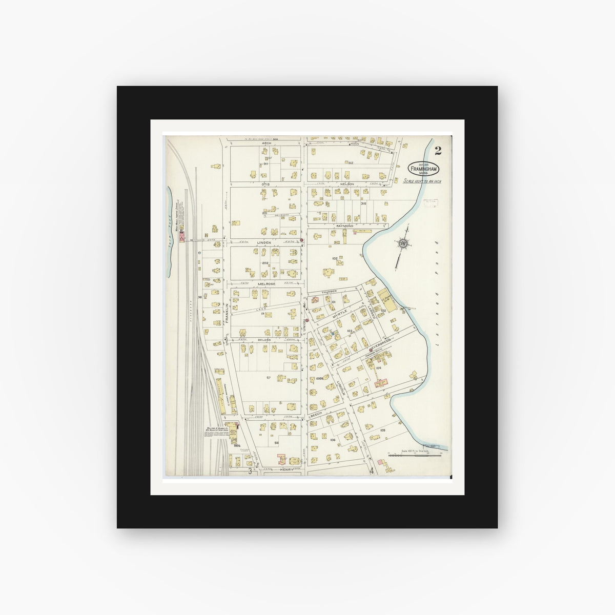 Old map wall art mockup — black gallery frame with white mat — Sanborn Fire Insurance Map from Framingham, Middlesex County, Massachusetts (1915), Sheet #0002