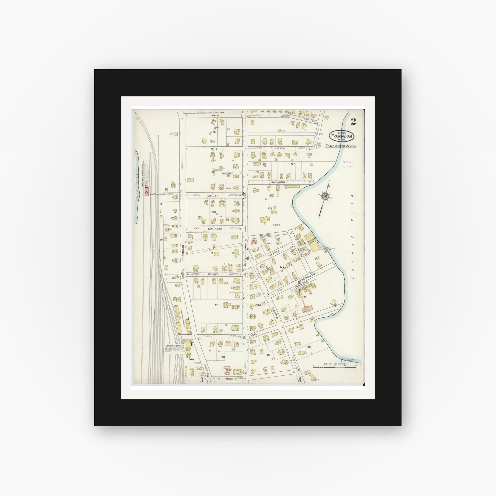 Old map wall art mockup — black gallery frame with white mat — Sanborn Fire Insurance Map from Framingham, Middlesex County, Massachusetts (1915), Sheet #0002