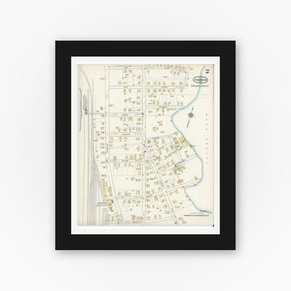 Old map wall art mockup — black gallery frame with white mat — Sanborn Fire Insurance Map from Framingham, Middlesex County, Massachusetts (1915), Sheet #0002