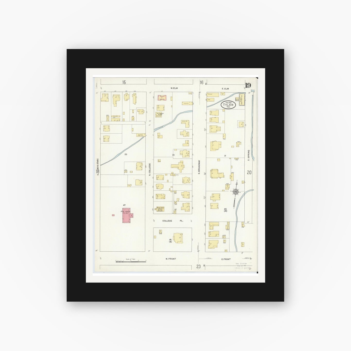Old map wall art mockup — black gallery frame with white mat — Sanborn Fire Insurance Map from Tyler, Smith County, Texas (1912), Sheet #0019