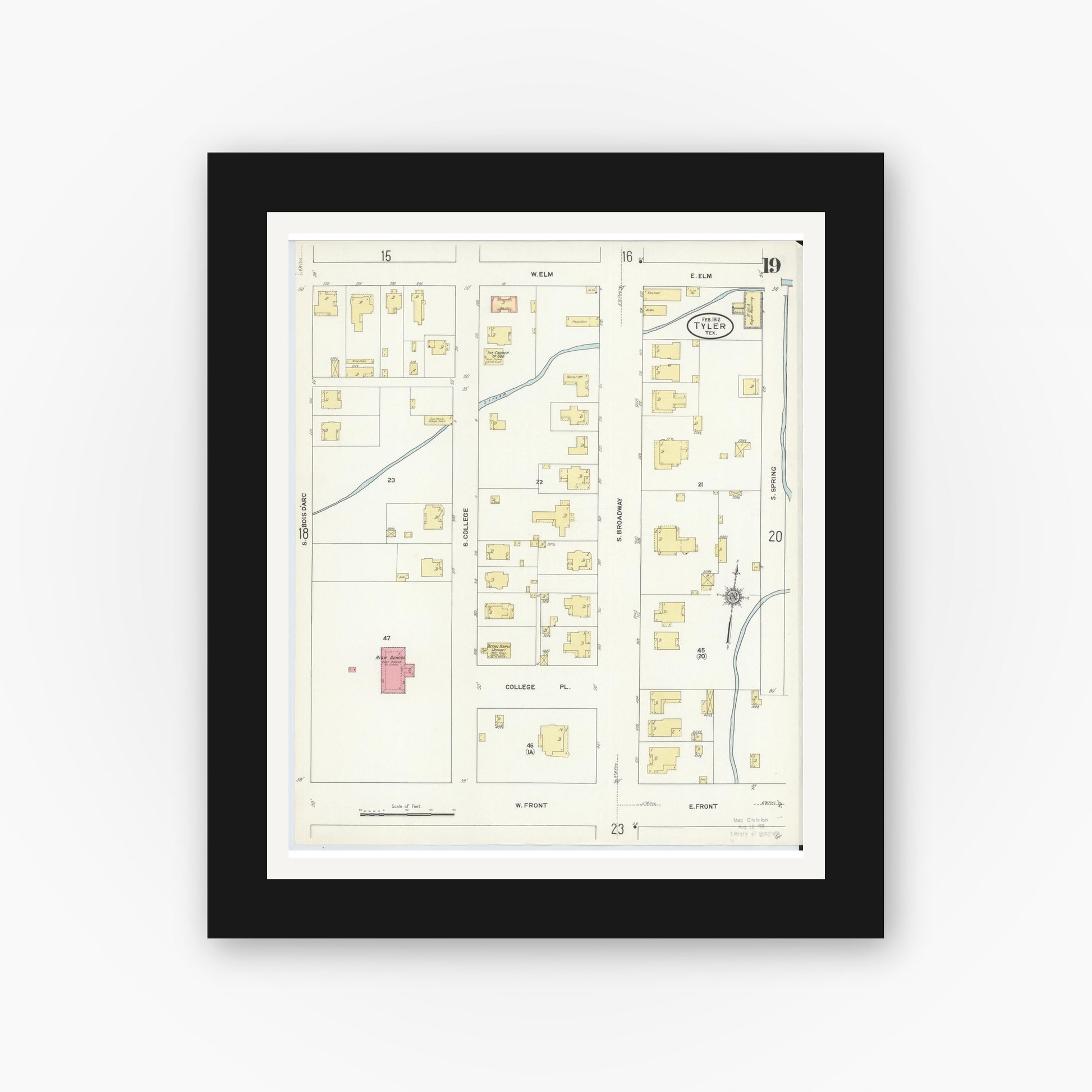 Old map wall art mockup — black gallery frame with white mat — Sanborn Fire Insurance Map from Tyler, Smith County, Texas (1912), Sheet #0019