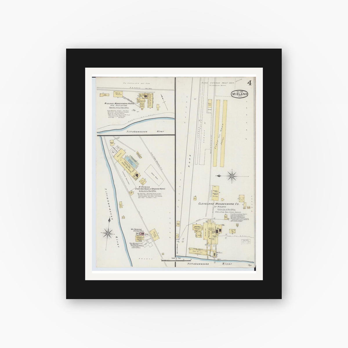 Old map wall art mockup — black gallery frame with white mat — Sanborn Fire Insurance Map from Midland, Midland County, Michigan (1889), Sheet #0004
