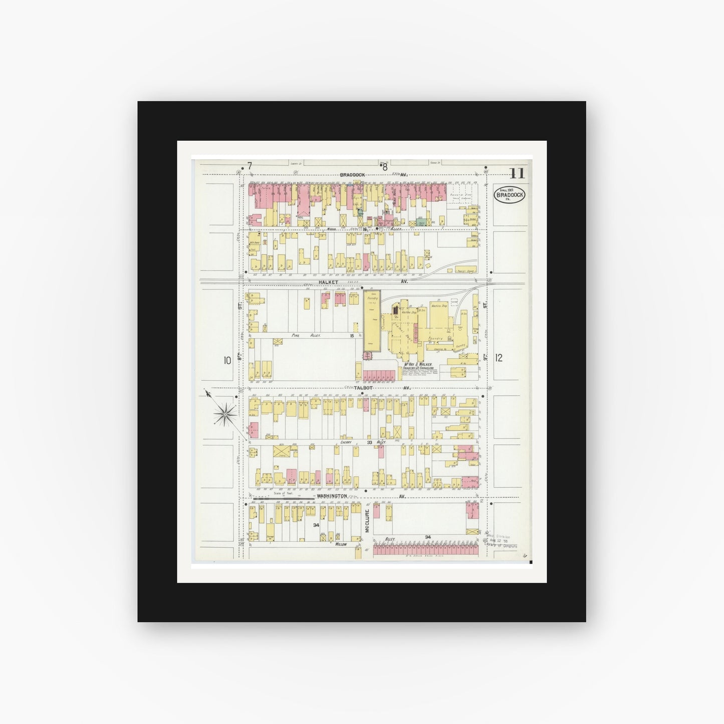 Old map wall art mockup — black gallery frame with white mat — Sanborn Fire Insurance Map from Braddock, Allegheny County, Pennsylvania (1901), Sheet #0011
