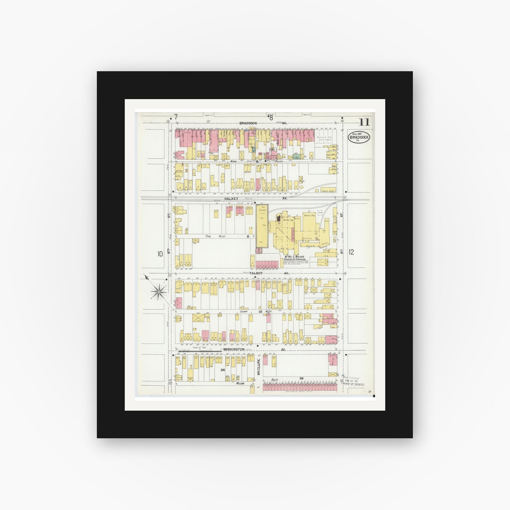 Old map wall art mockup — black gallery frame with white mat — Sanborn Fire Insurance Map from Braddock, Allegheny County, Pennsylvania (1901), Sheet #0011