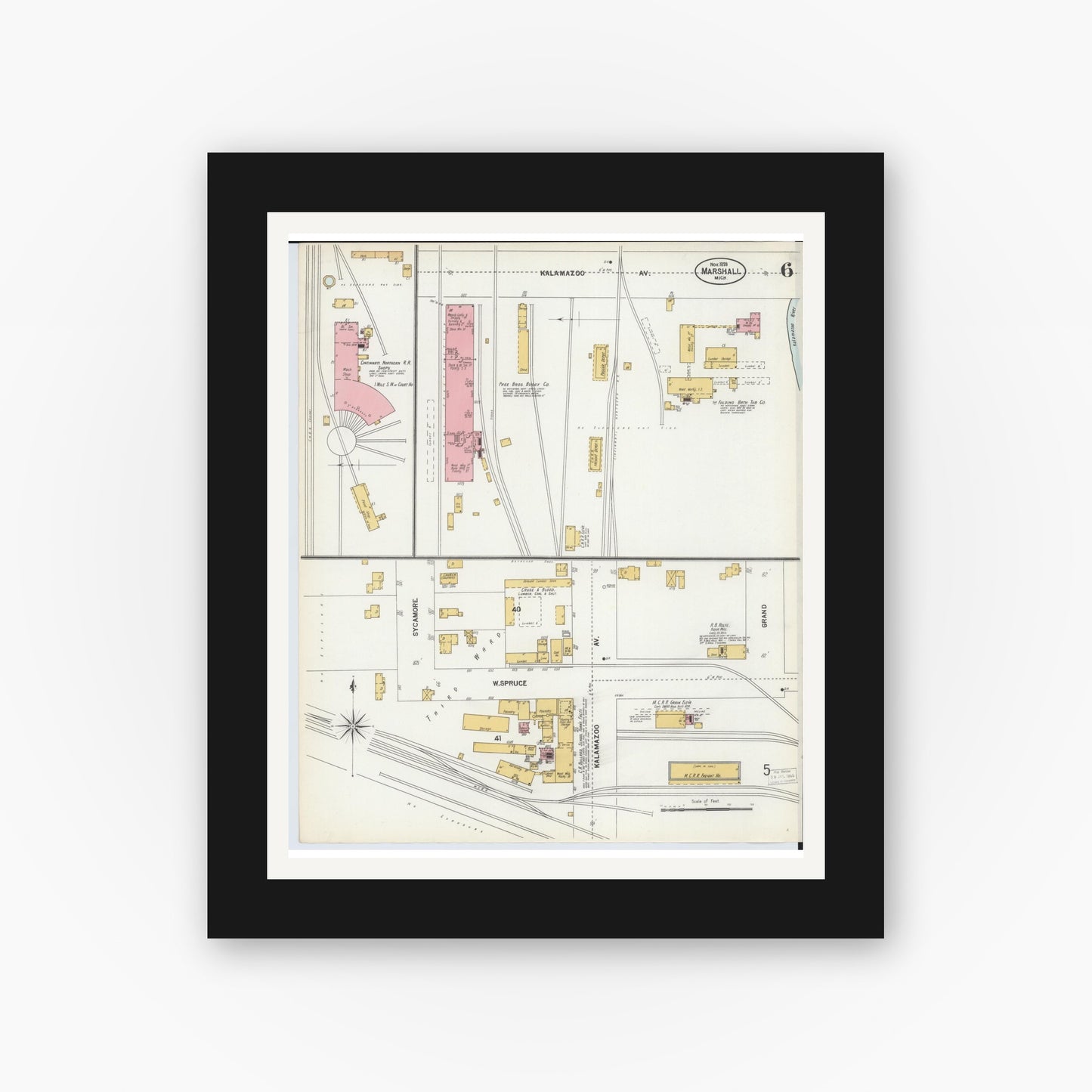 Old map wall art mockup — black gallery frame with white mat — Sanborn Fire Insurance Map from Marshall, Calhoun County, Michigan (1899), Sheet #0006
