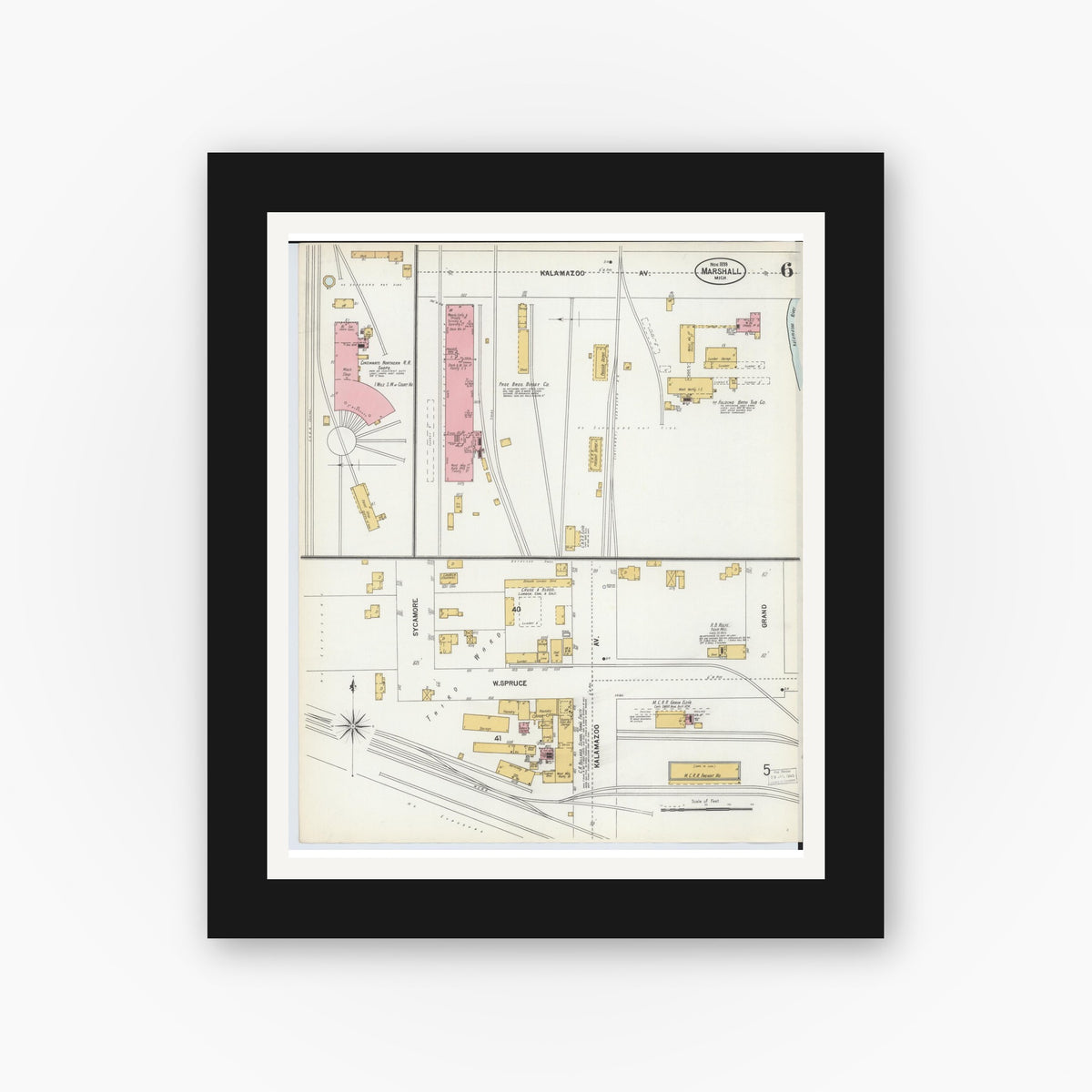 Old map wall art mockup — black gallery frame with white mat — Sanborn Fire Insurance Map from Marshall, Calhoun County, Michigan (1899), Sheet #0006