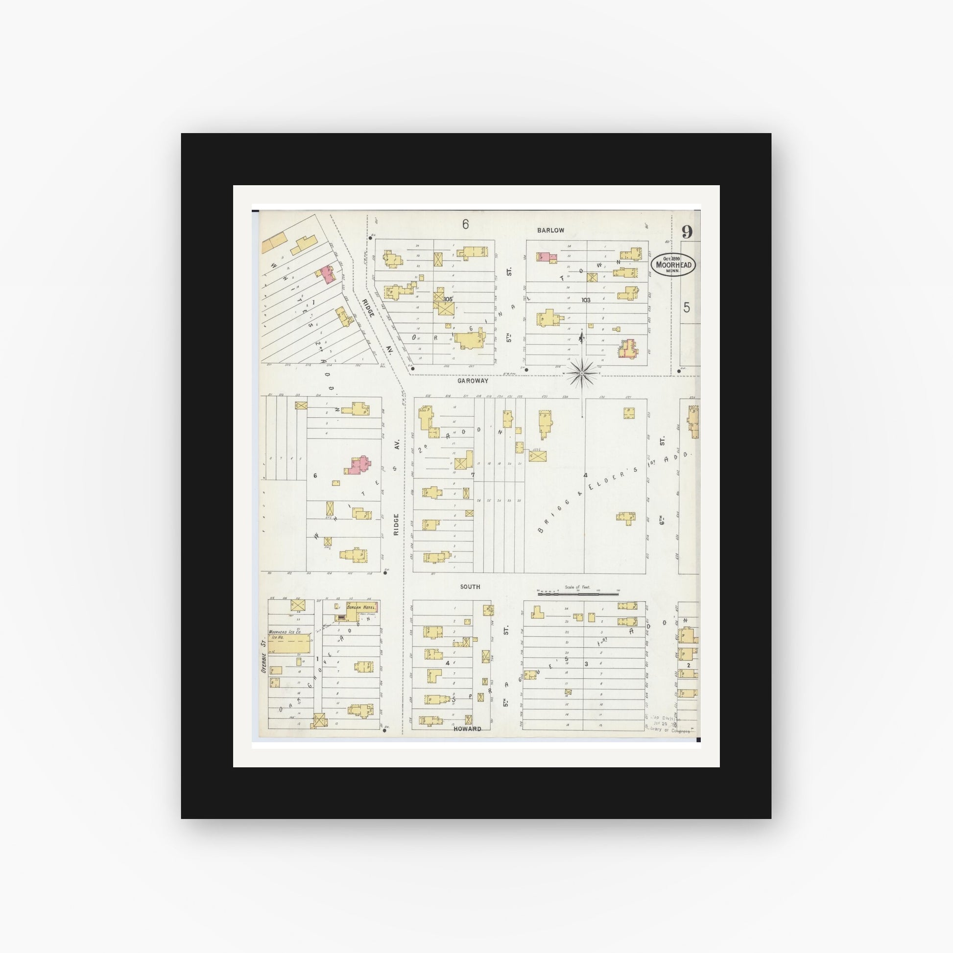 Old map wall art mockup — black gallery frame with white mat — Sanborn Fire Insurance Map from Moorhead, Clay County, Minnesota (1899), Sheet #0009