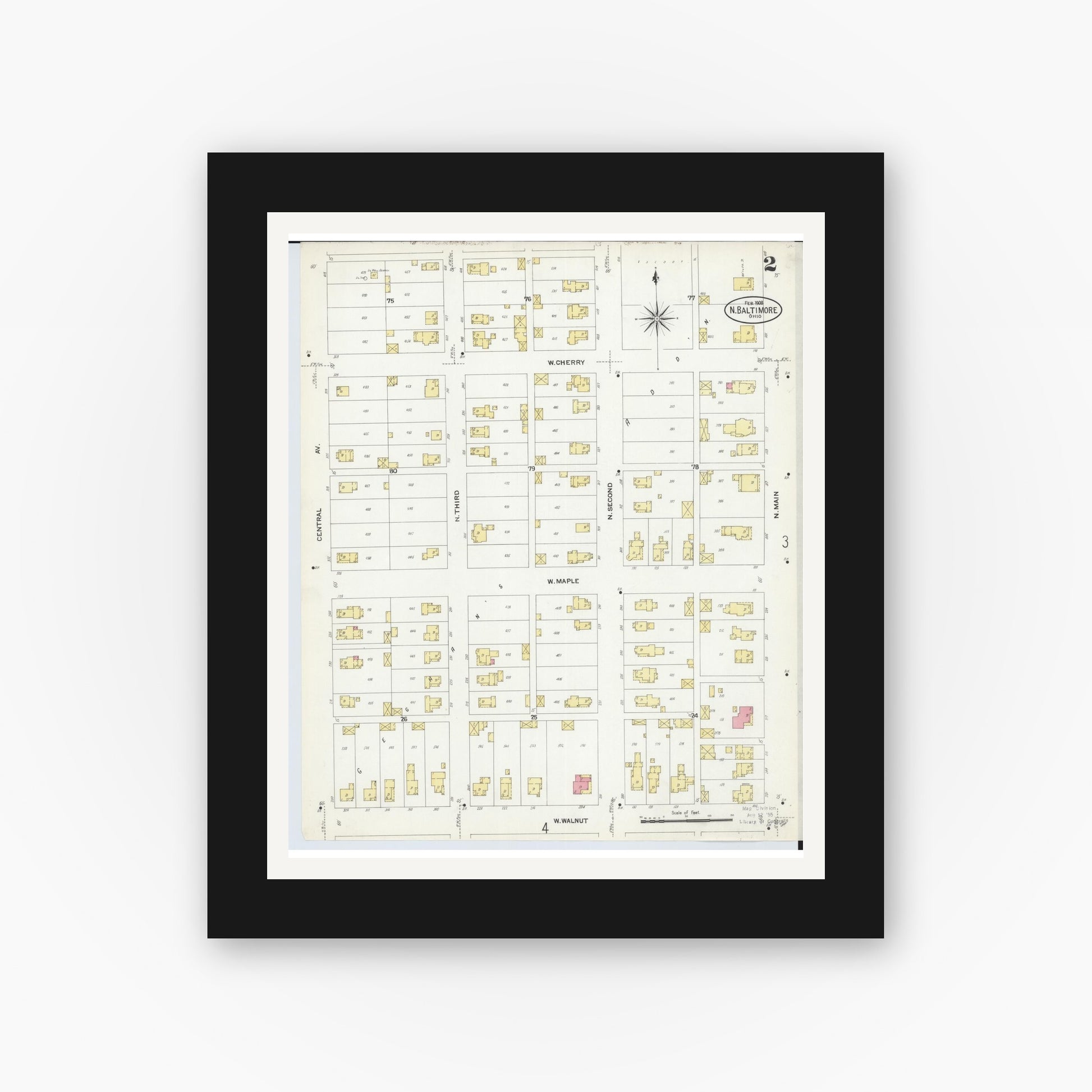 Old map wall art mockup — black gallery frame with white mat — Sanborn Fire Insurance Map from North Baltimore, Wood County, Ohio (1908), Sheet #0002