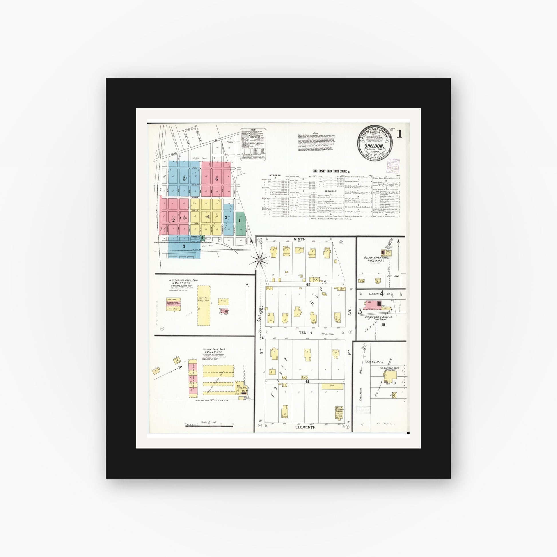 Old map wall art mockup — black gallery frame with white mat — Sanborn Fire Insurance Map from Sheldon, O'Brien County, Iowa (1901), Sheet #0001