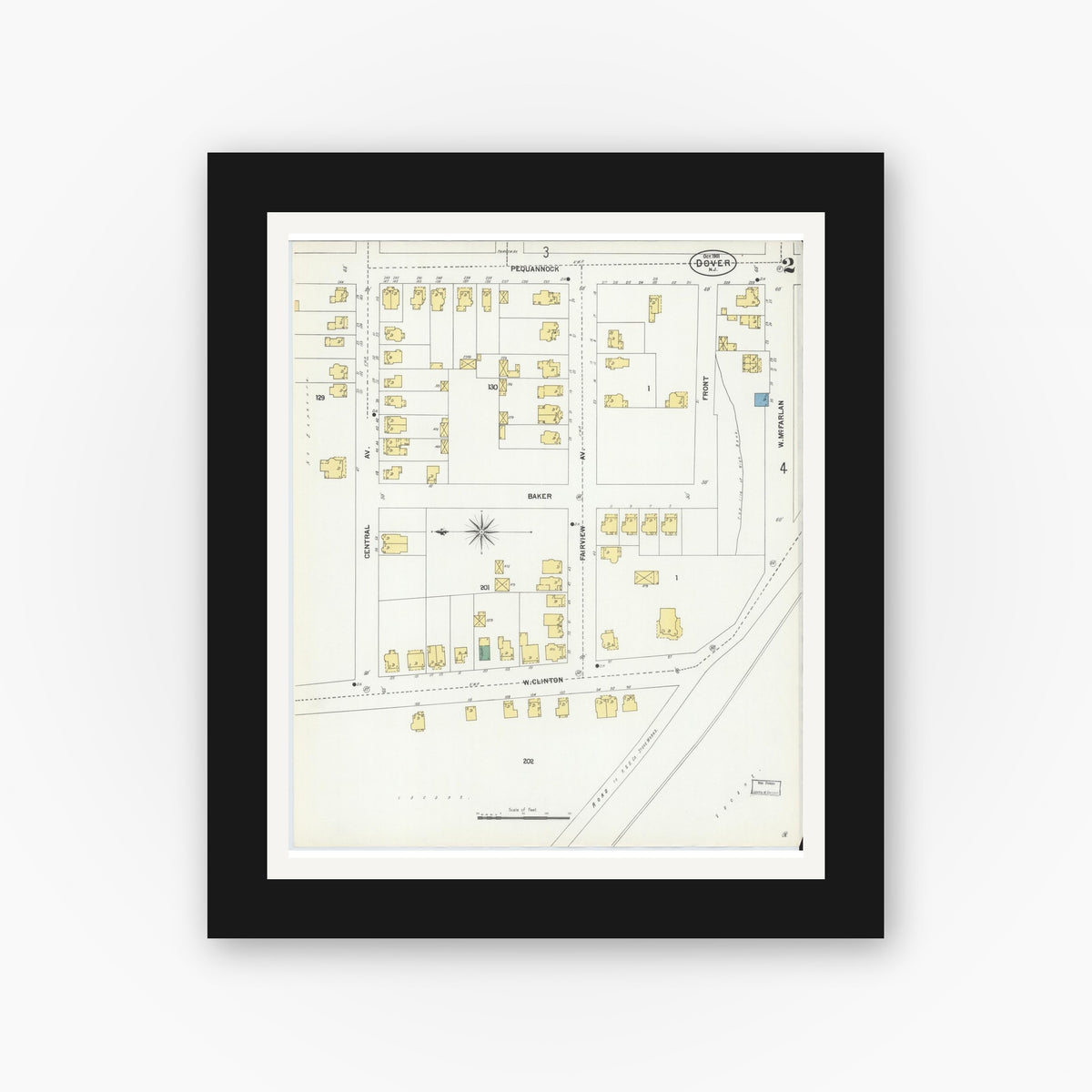 Old map wall art mockup — black gallery frame with white mat — Sanborn Fire Insurance Map from Dover, Morris County, New Jersey (1900), Sheet #0002