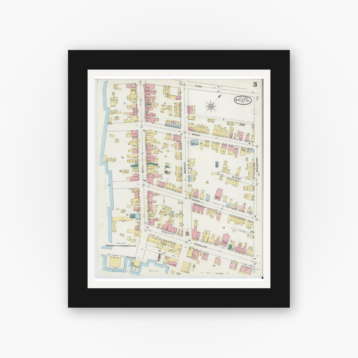 Old map wall art mockup — black gallery frame with white mat — Sanborn Fire Insurance Map from Bristol, Bucks County, Pennsylvania (1894), Sheet #0003