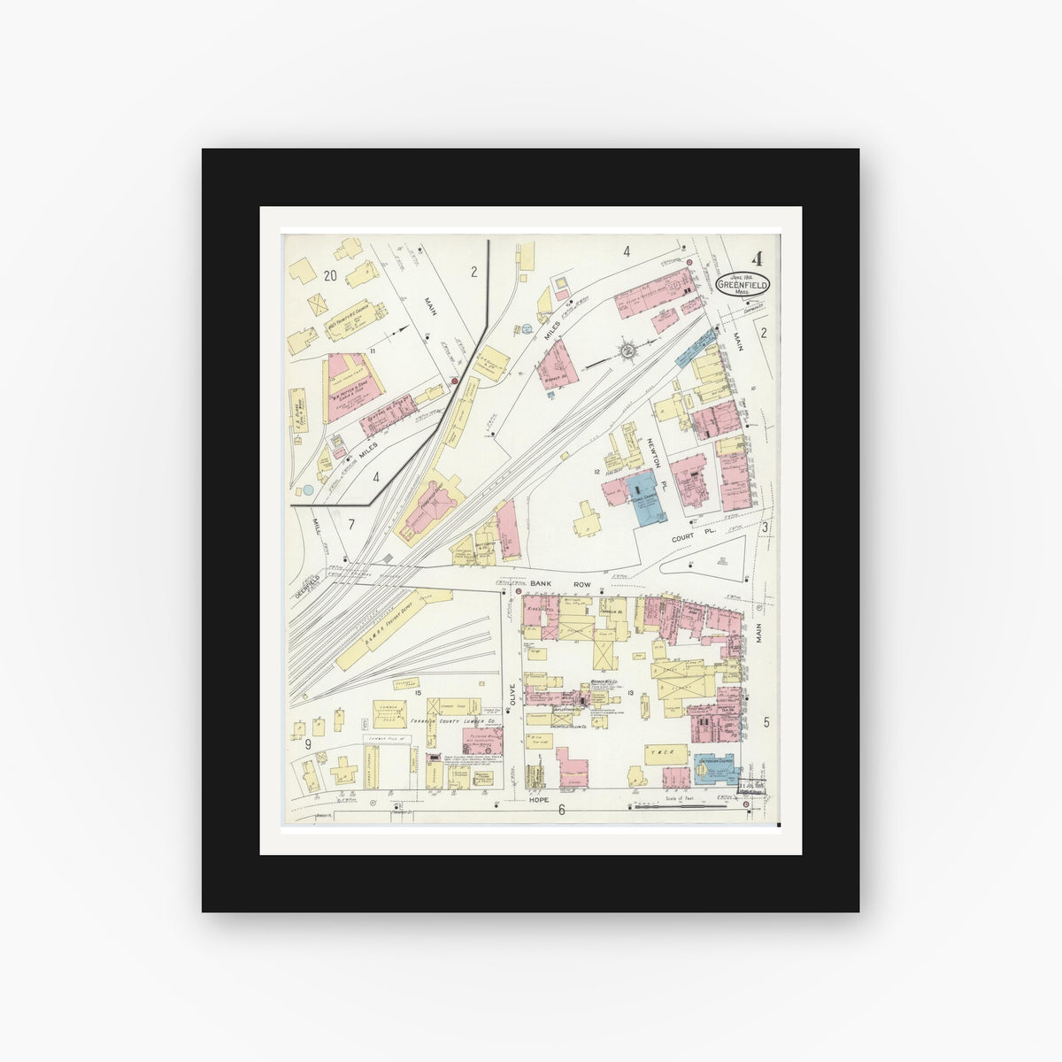 Old map wall art mockup — black gallery frame with white mat — Sanborn Fire Insurance Map from Greenfield, Franklin County, Massachusetts (1914), Sheet #0004