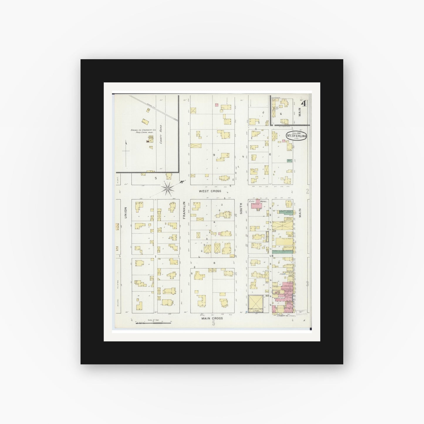 Old map wall art mockup — black gallery frame with white mat — Sanborn Fire Insurance Map from Mount Sterling, Brown County, Illinois (1894), Sheet #0004