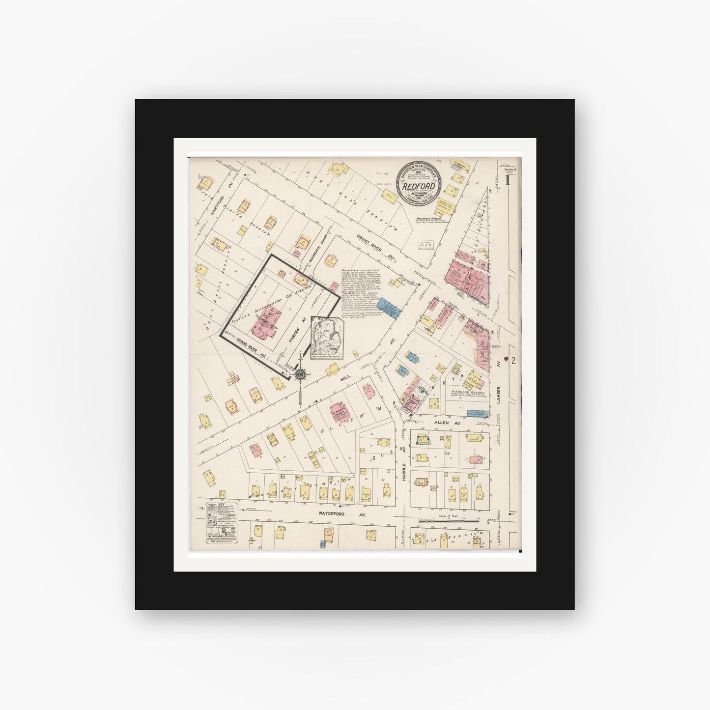 Old map wall art mockup — black gallery frame with white mat — Sanborn Fire Insurance Map from Redford, Wayne County, Michigan (1921) - Complete Map Set