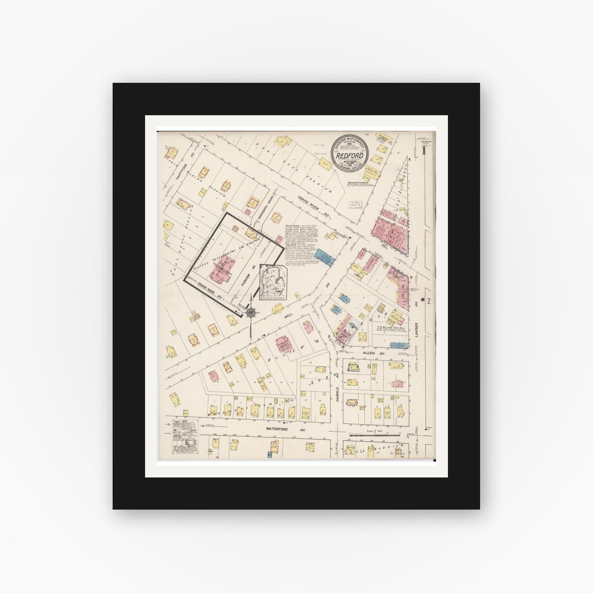 Old map wall art mockup — black gallery frame with white mat — Sanborn Fire Insurance Map from Redford, Wayne County, Michigan (1921) - Complete Map Set