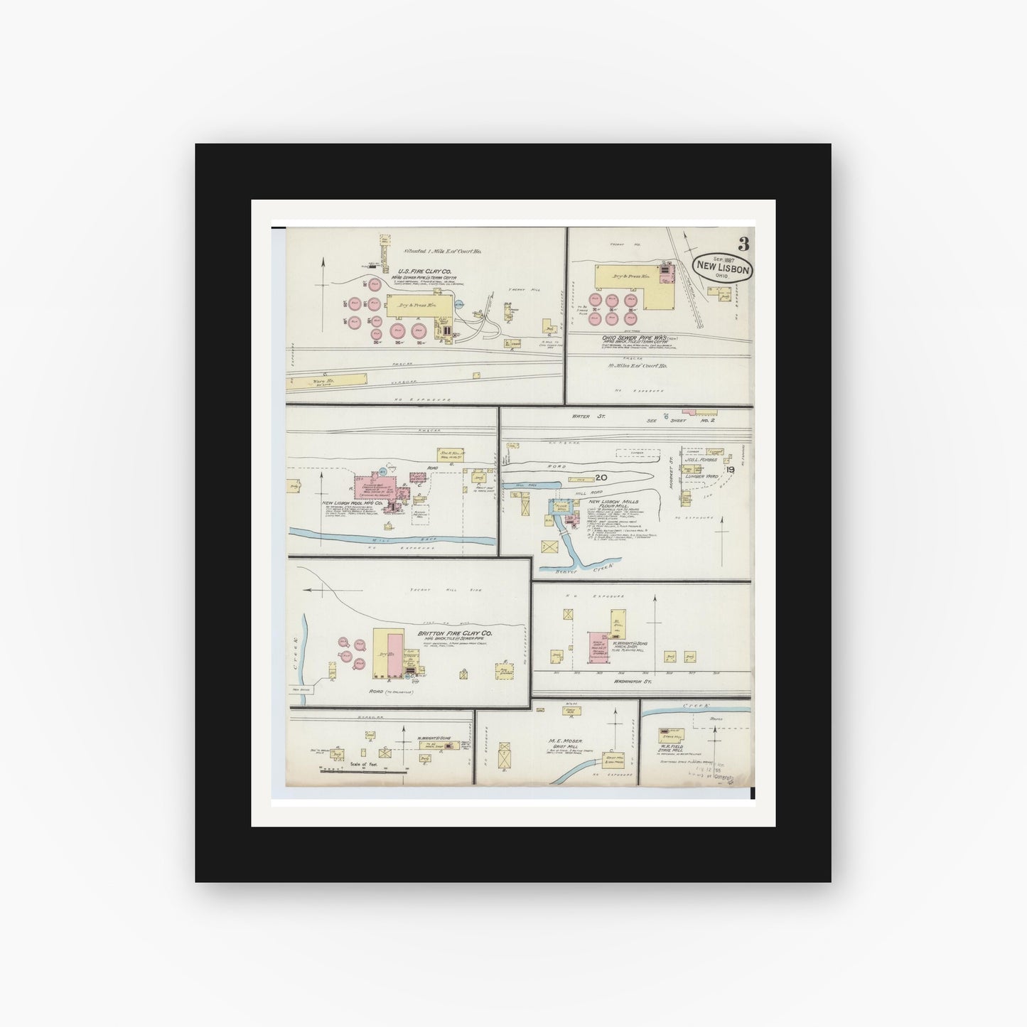 Old map wall art mockup — black gallery frame with white mat — Sanborn Fire Insurance Map from New Lisbon, Columbiana County, Ohio (1887), Sheet #0003