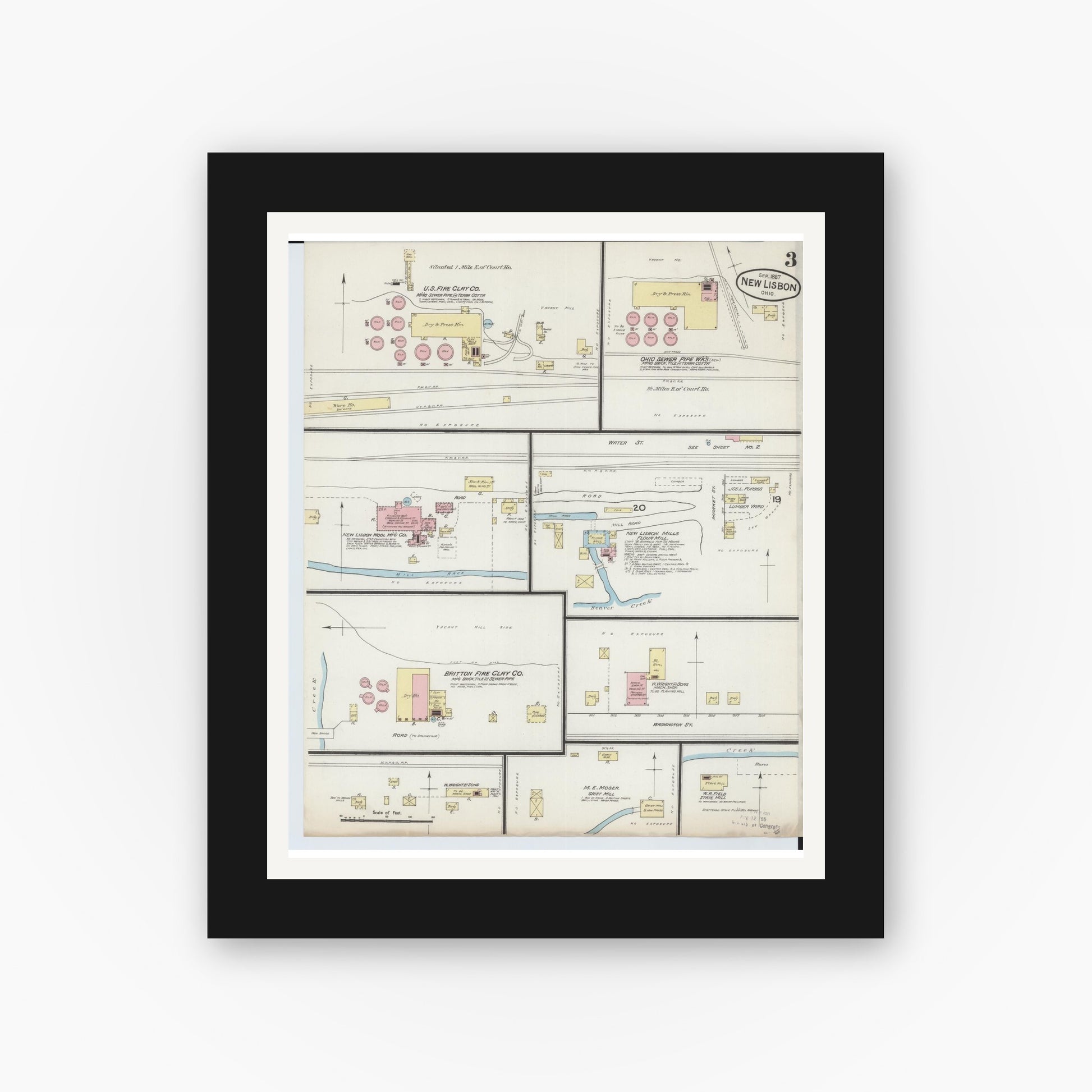 Old map wall art mockup — black gallery frame with white mat — Sanborn Fire Insurance Map from New Lisbon, Columbiana County, Ohio (1887), Sheet #0003