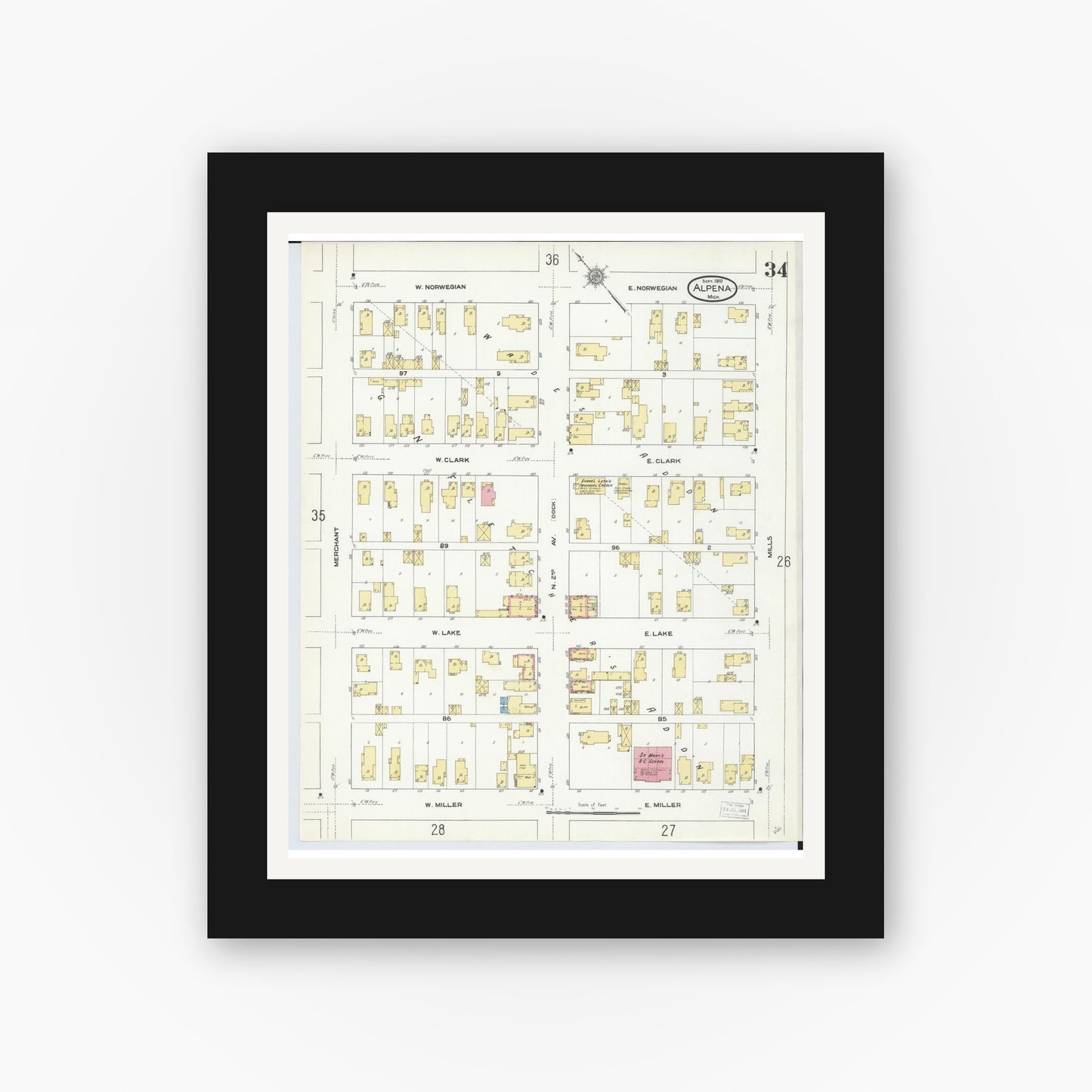 Old map wall art mockup — black gallery frame with white mat — Sanborn Fire Insurance Map from Alpena, Alpena County, Michigan (1910), Sheet #0034