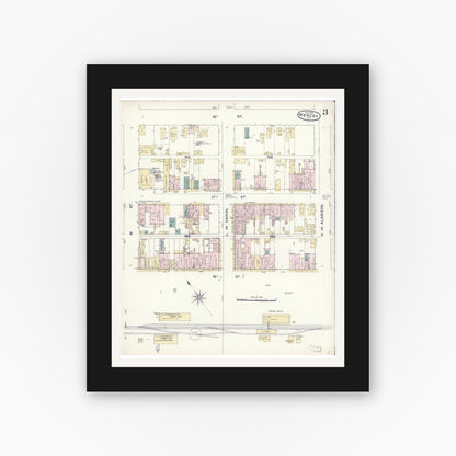 Old map wall art mockup — black gallery frame with white mat — Sanborn Fire Insurance Map from Merced, Merced County, California (1888), Sheet #0003